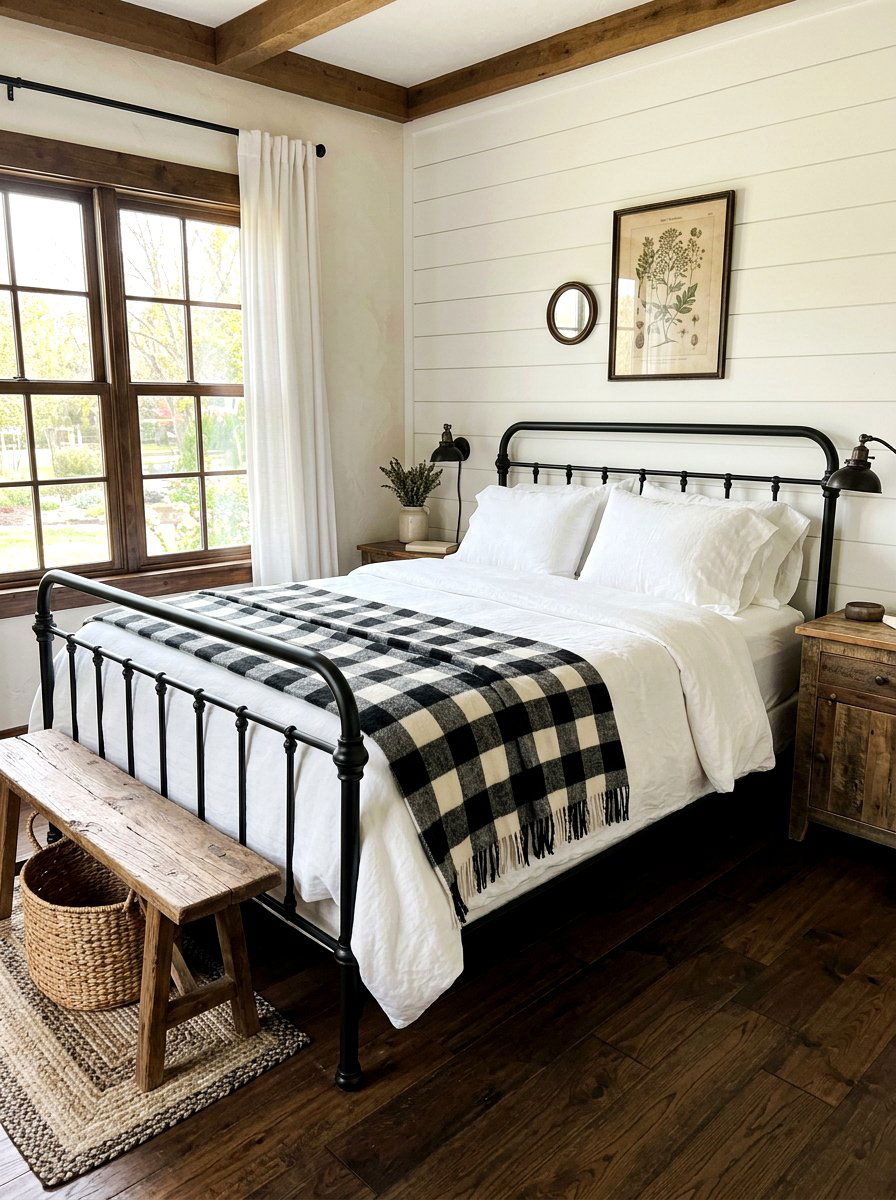 Plaid throw blanket - 30 farmhouse bedroom ideas