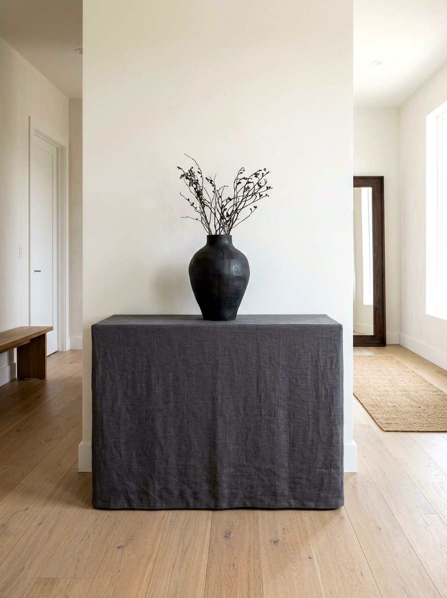 Plain linen console - 30 skirted console table ideas
