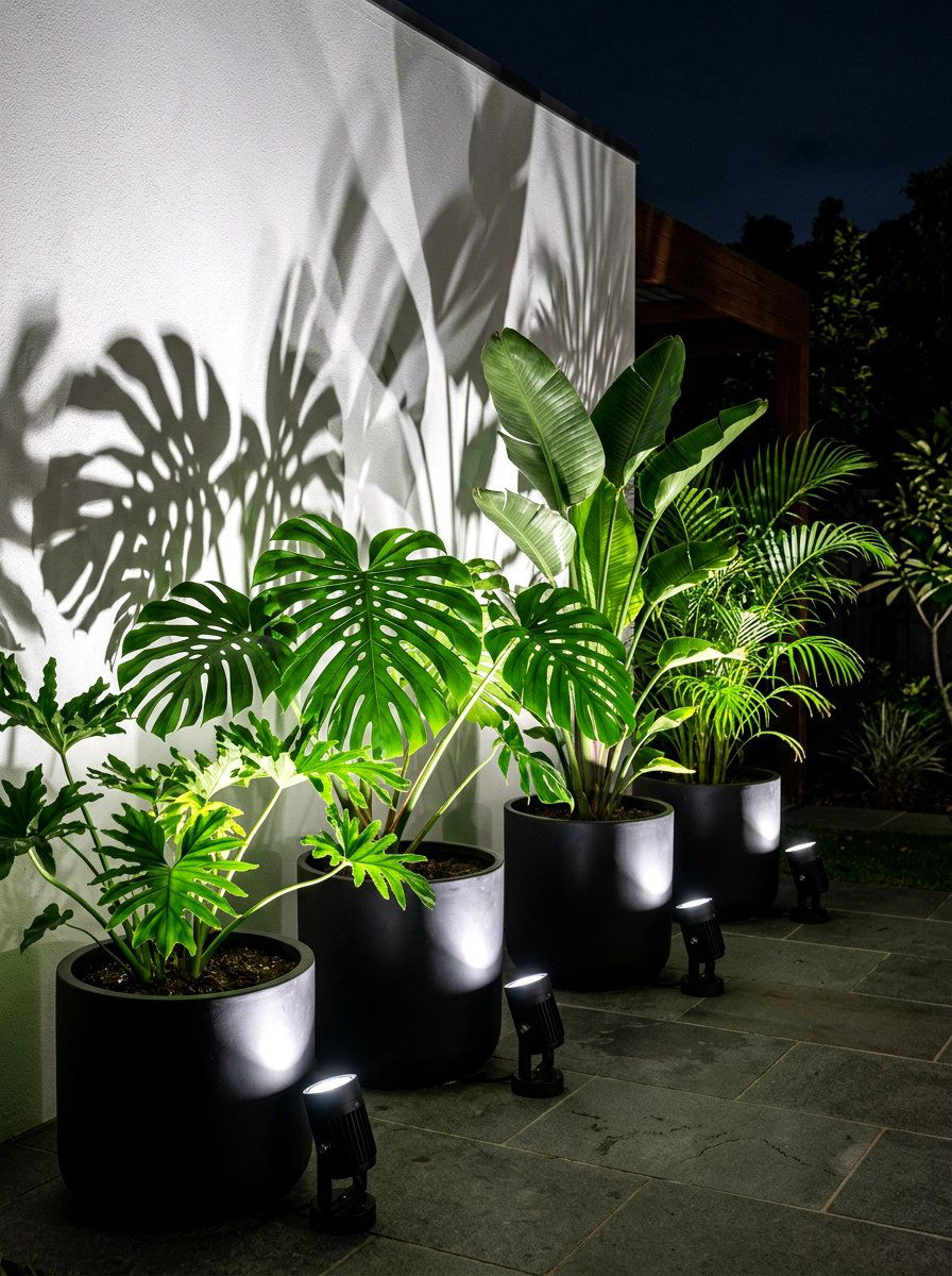 Plant Pot Uplighting - 30 apartment patio mood lighting ideas