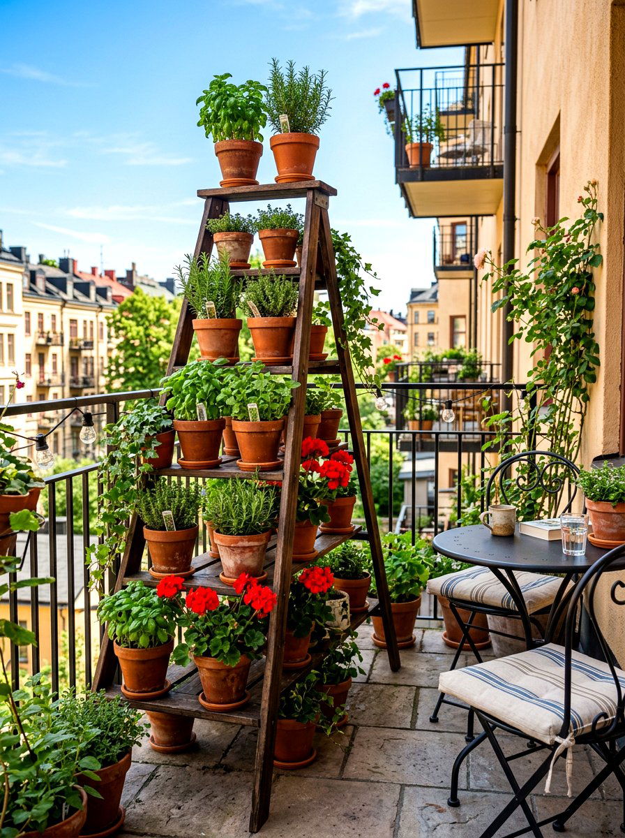 Plant ladder balcony - 30 decorative ladder ideas