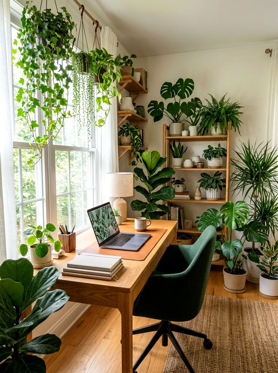 Plants Filled Workspace - 30 study hall nook ideas