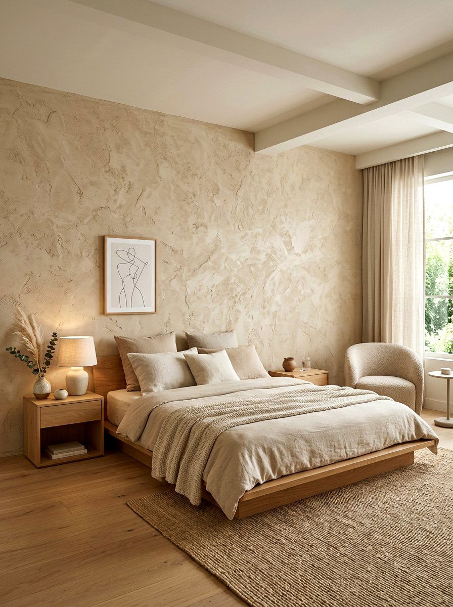 Plaster Finish Accent Wall - 30 soft minimal apartment ideas