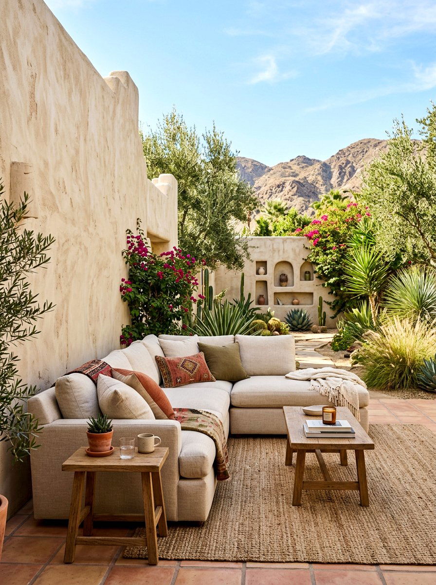 Plaster wall outdoor lounge - 30 warm minimalist patio ideas