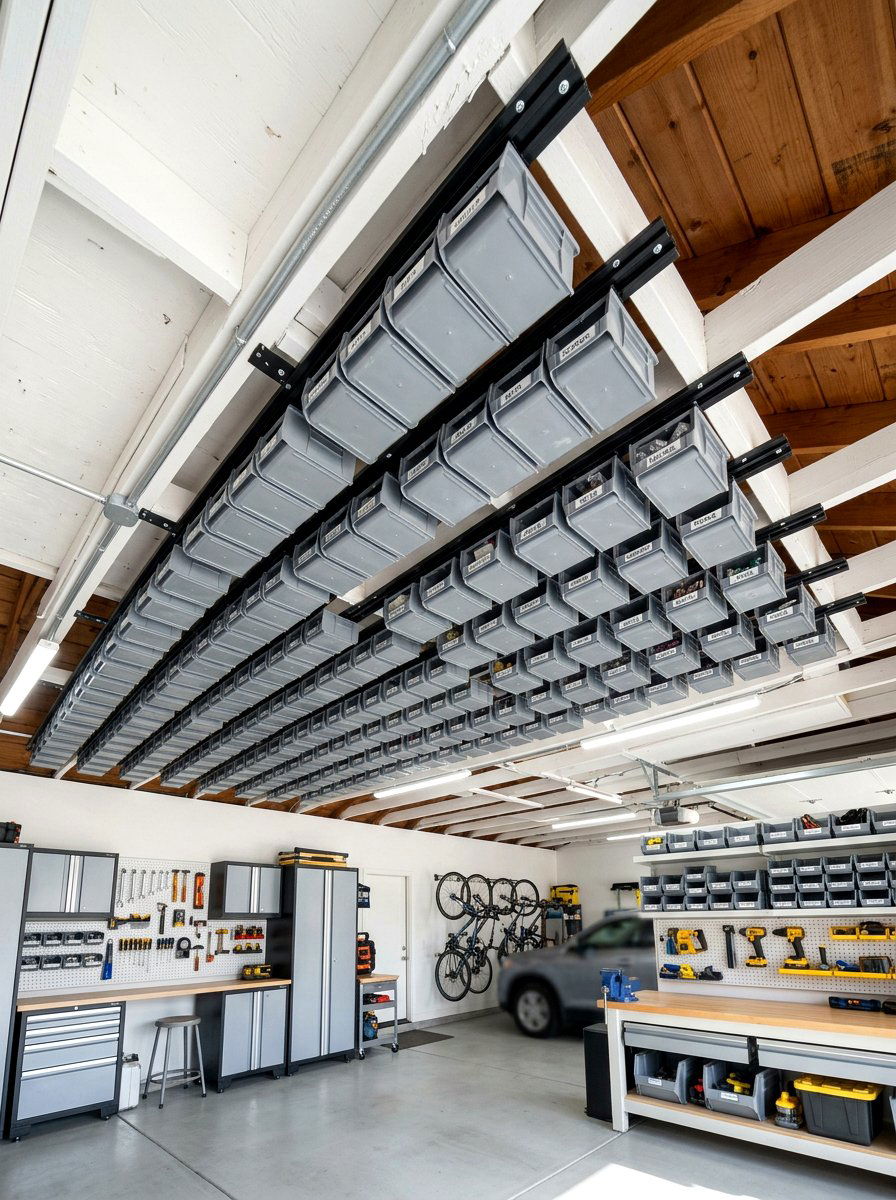 Plastic Bin Ceiling Tracks - 30 garage overhead rack ideas