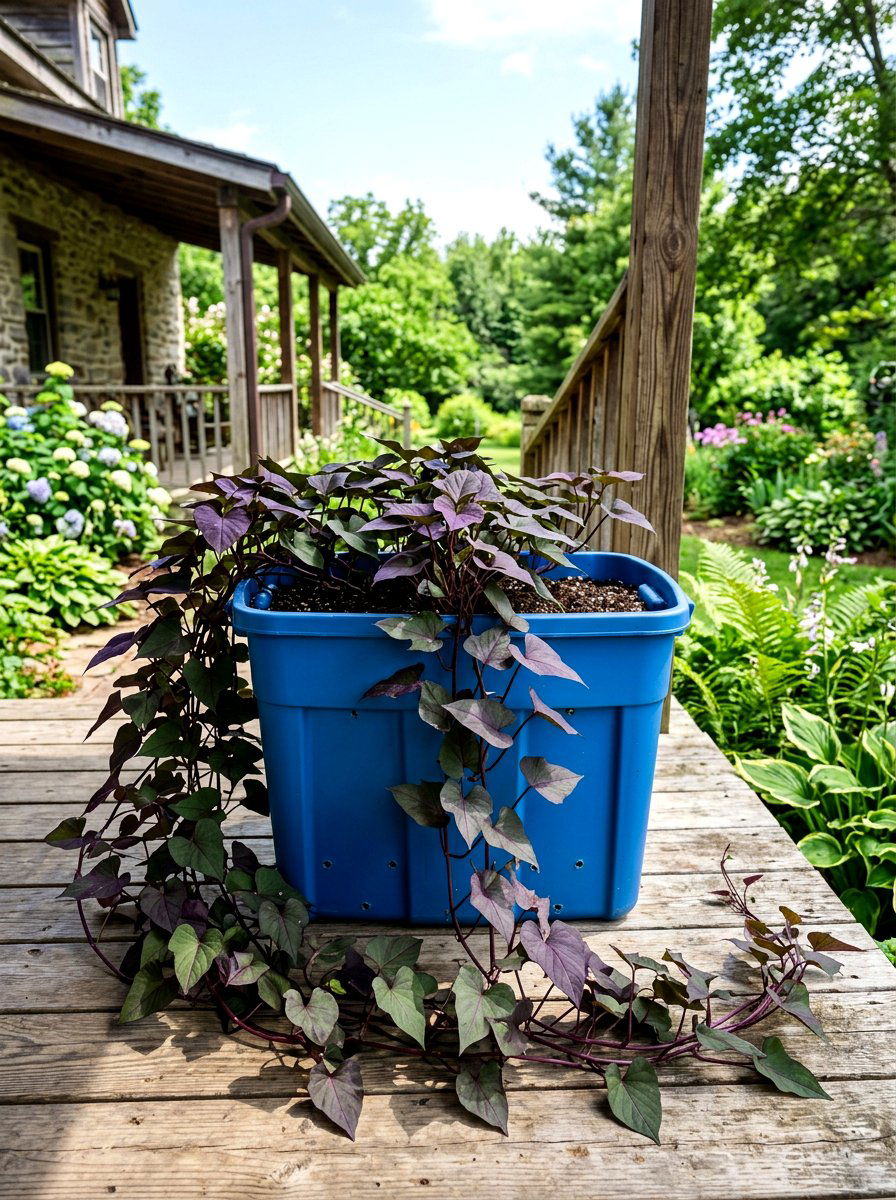 Plastic Tub Sweet Potato - 30 container vegetable garden ideas