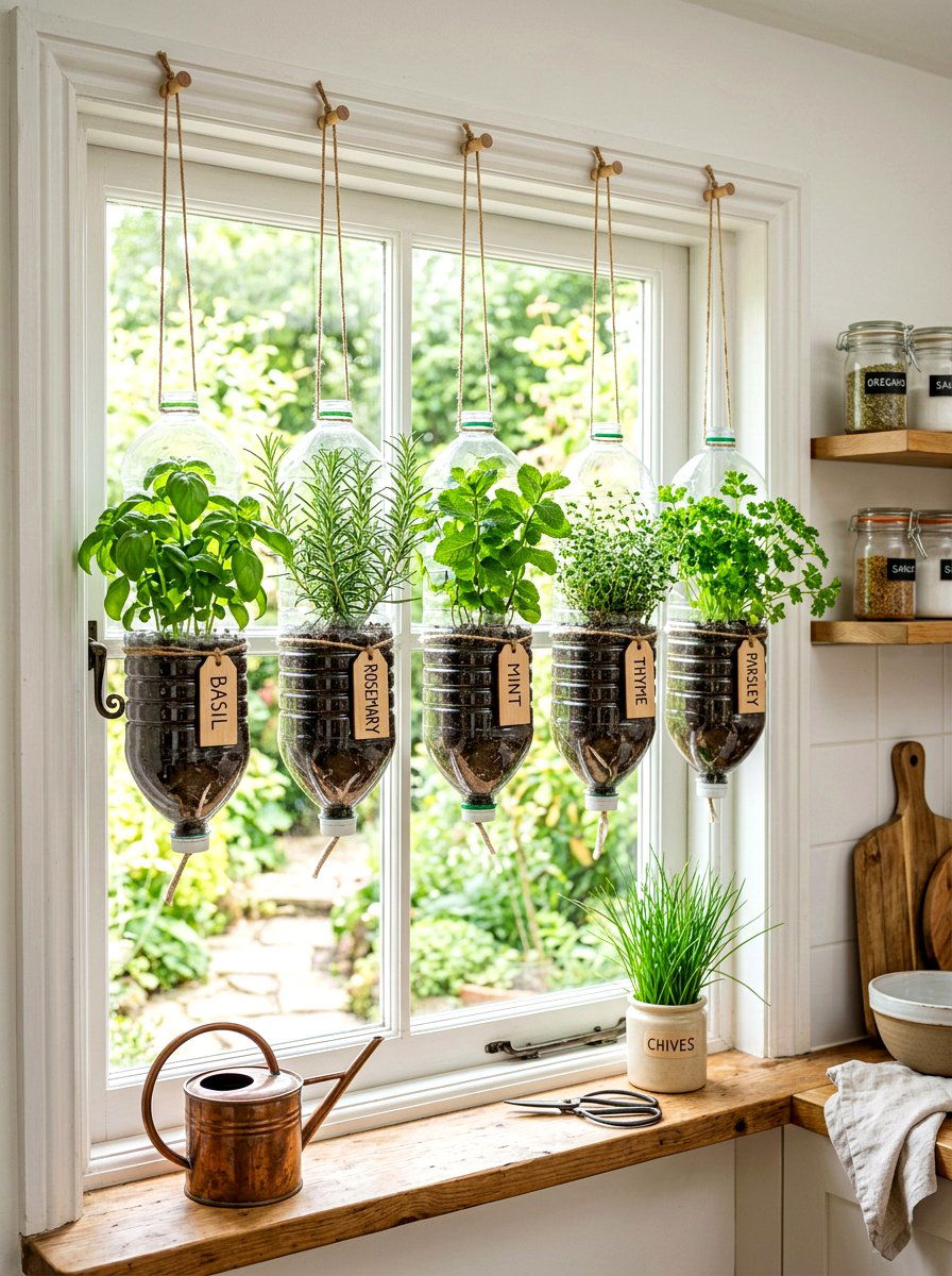 Plastic bottle herb garden - 30 windowsill herb garden ideas