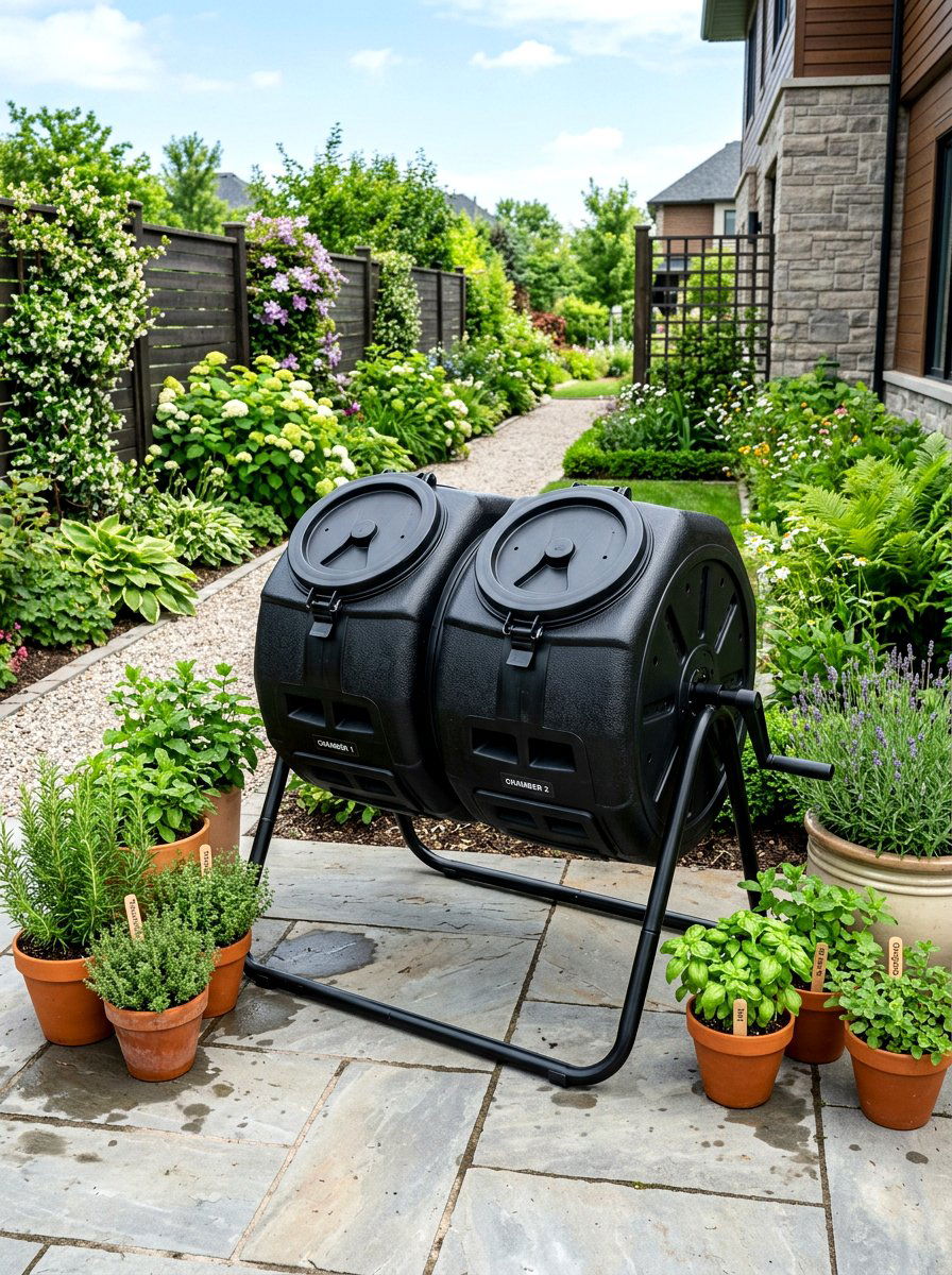 Plastic tumbler composter - 30 compost corner garden ideas