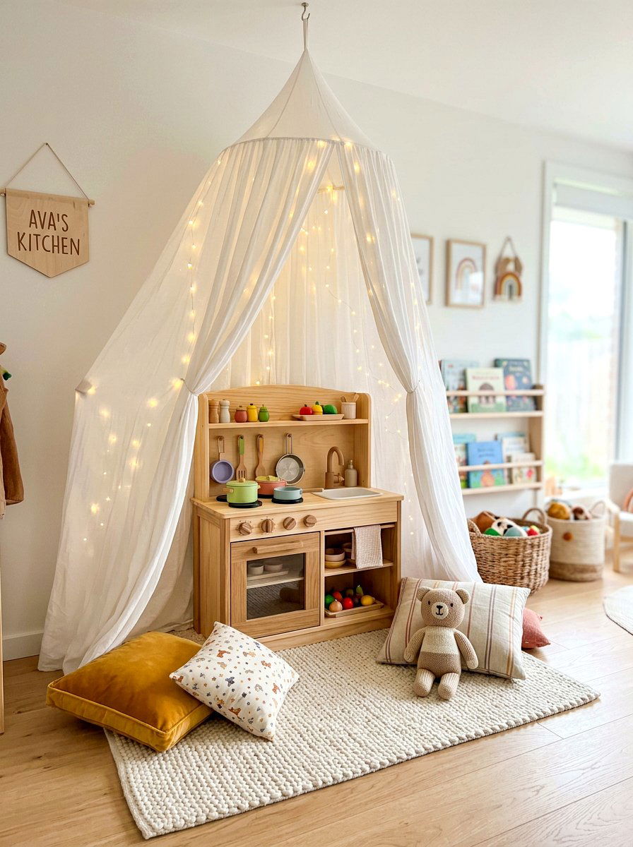 Play Kitchen Canopy Nook - 30 play kitchen corner ideas