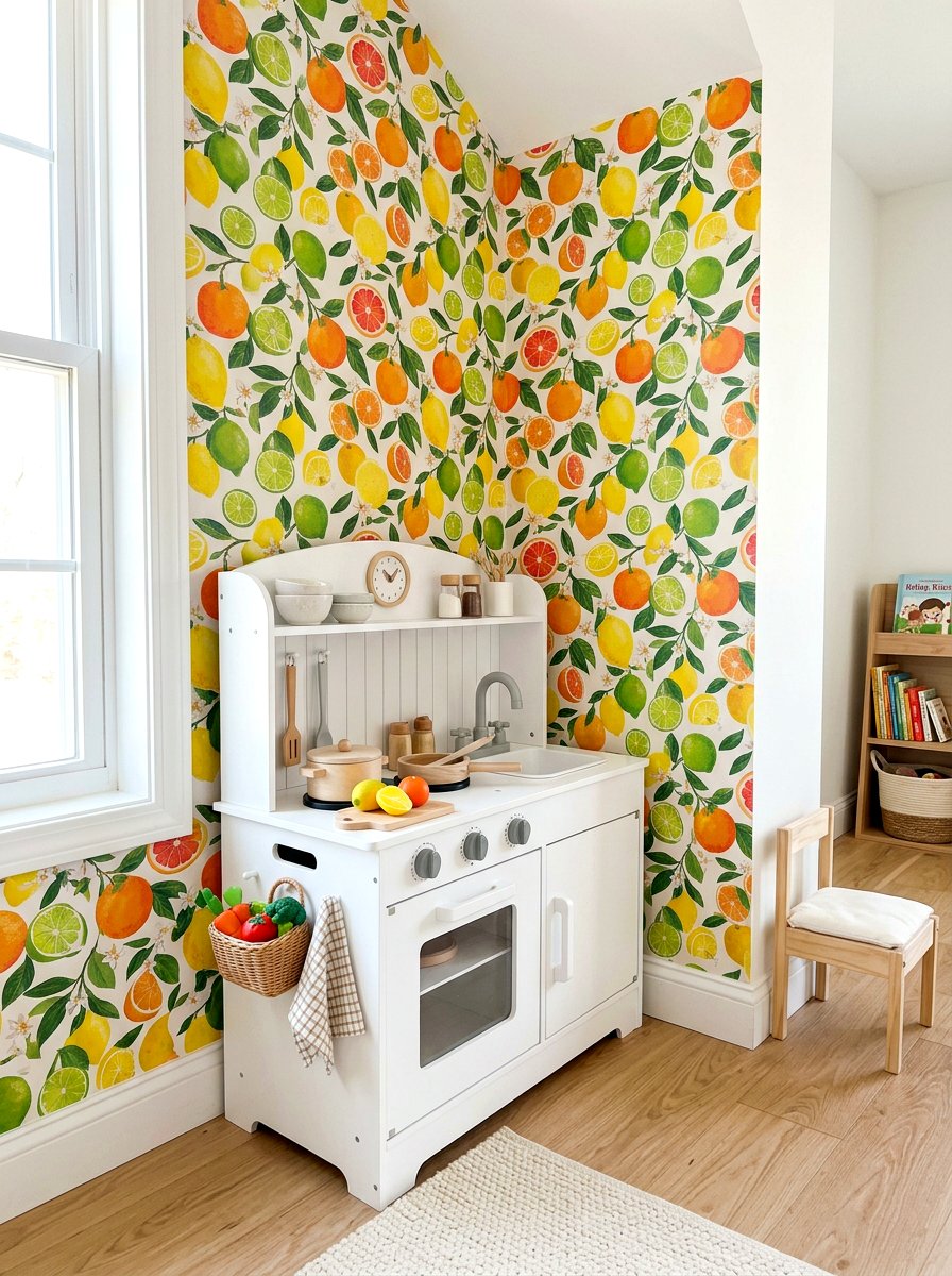 Play Kitchen Wallpaper Accent - 30 play kitchen corner ideas