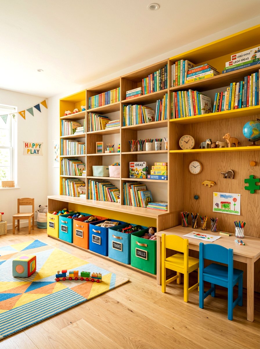 Playful Kids Playroom Storage Wall - 30 bookshelf styling ideas