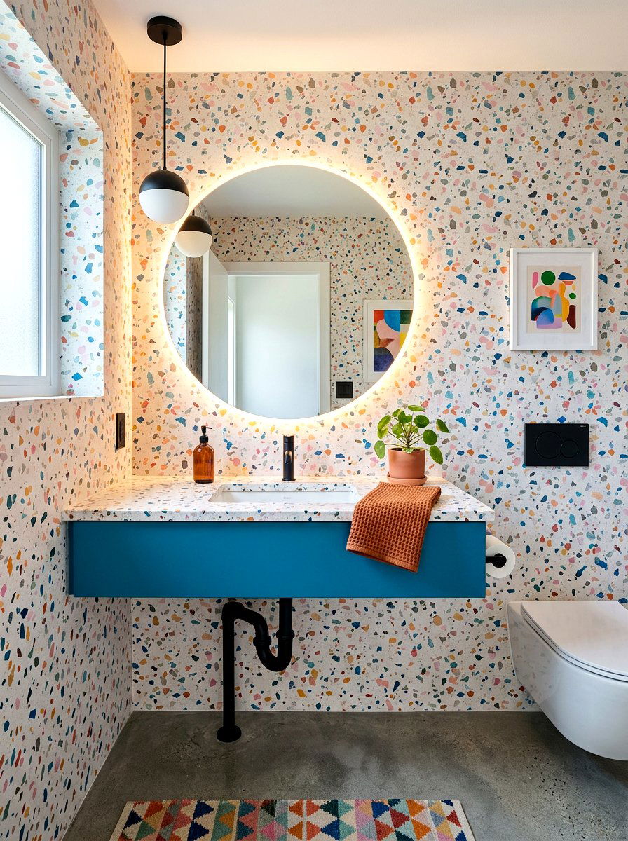 Playful Terrazzo Wallpaper - 30 wallpapered powder room ideas