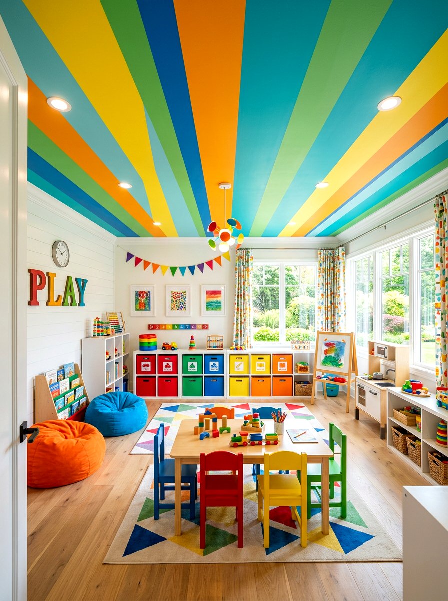 Playroom striped ceiling - 30 striped ceiling ideas