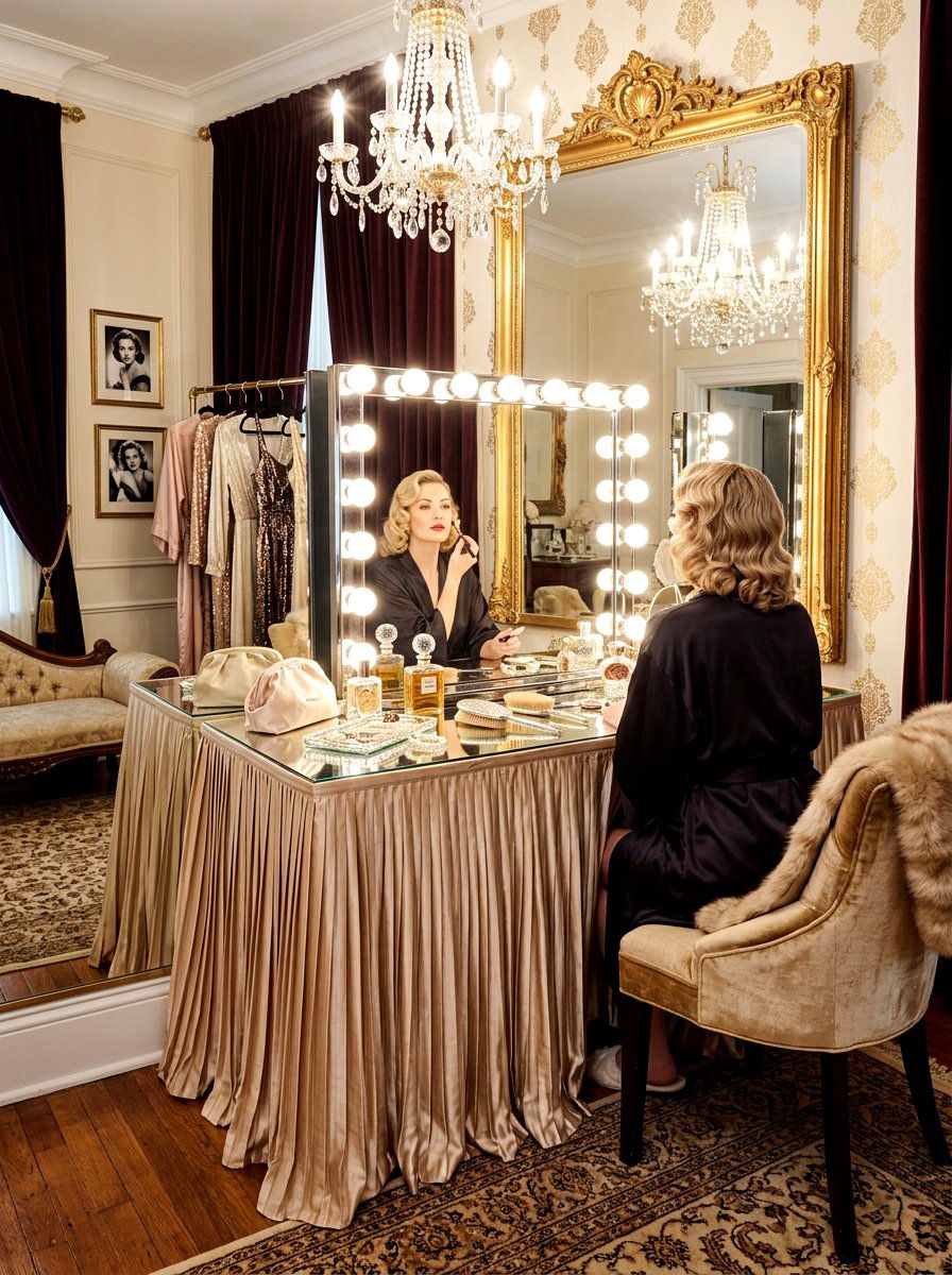 Pleated Silk Dressing Table - 30 skirted vanity ideas