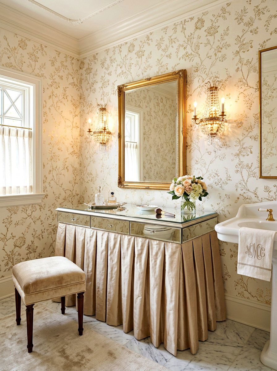 Pleated Silk Skirted Vanity - 30 skirted powder room sink ideas