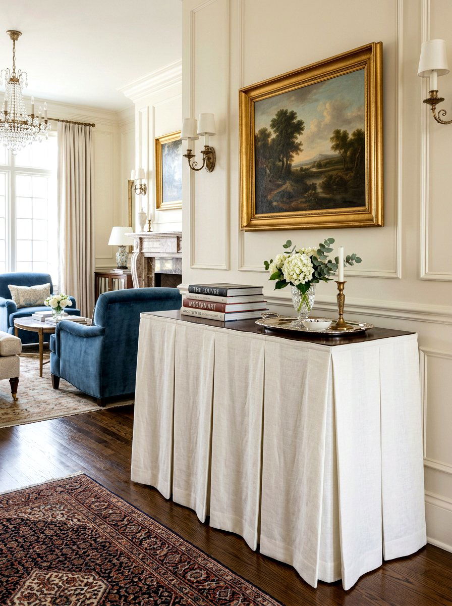 Pleated console skirt - 30 skirted console table ideas