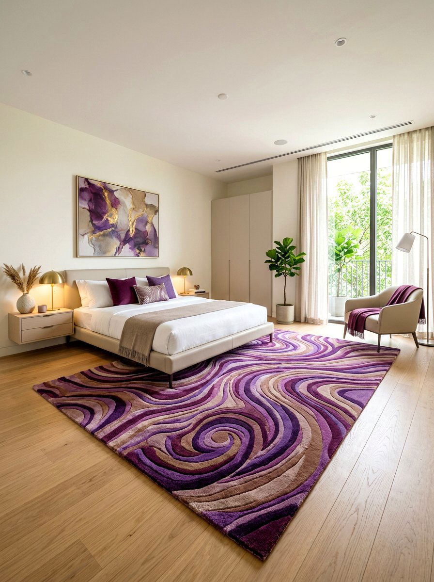 Plum Abstract Rug - 30 plum and beige bedroom ideas