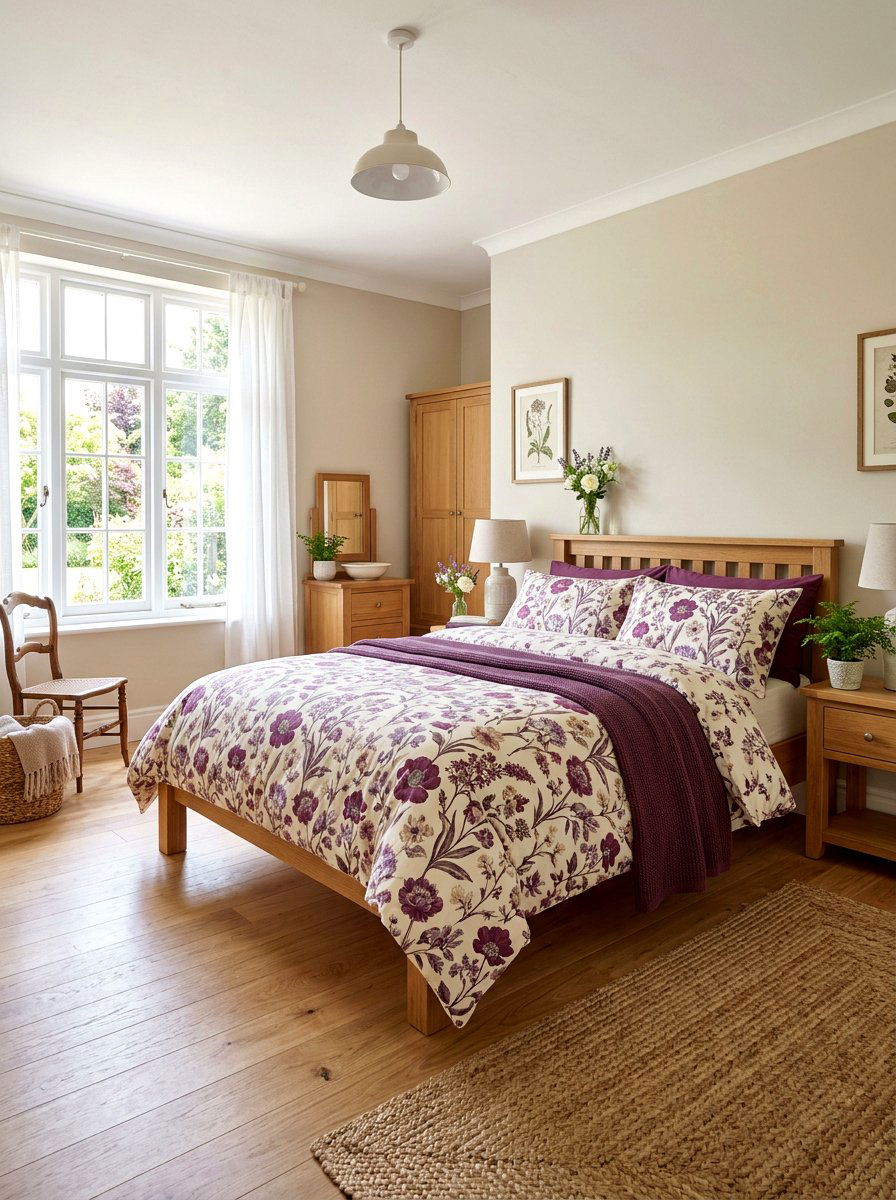 Plum Floral Bedding - 30 plum and beige bedroom ideas