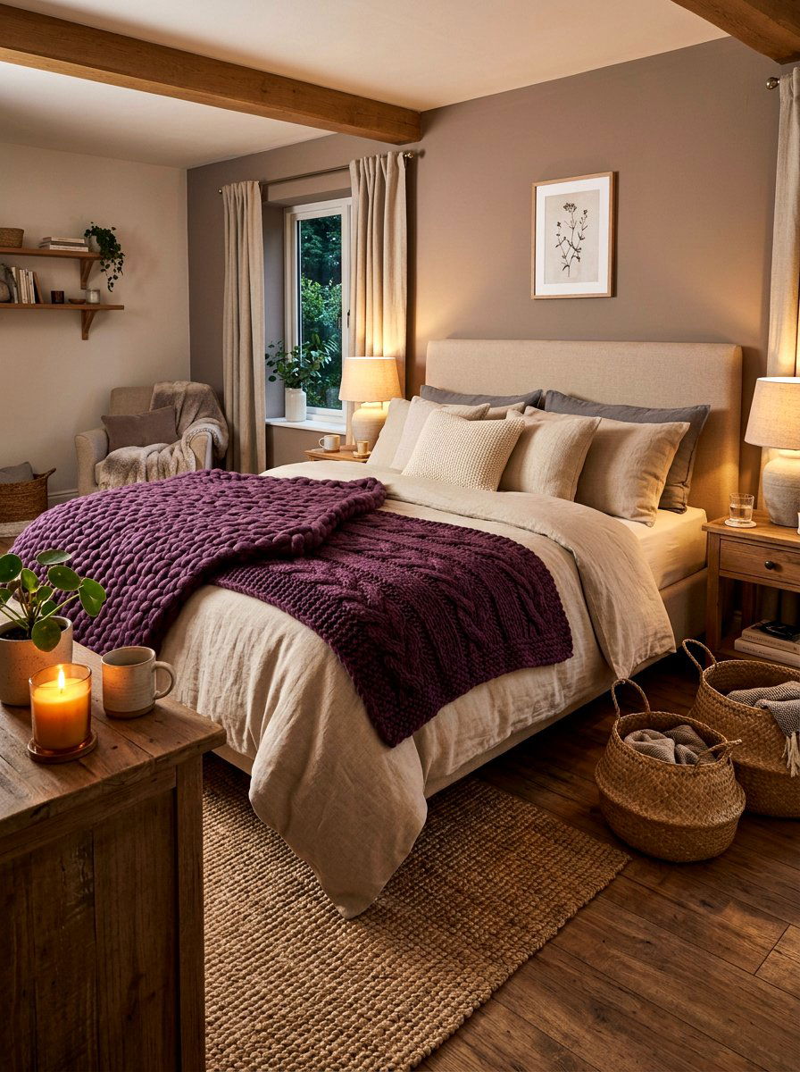 Plum Knit Blanket - 30 plum and beige bedroom ideas