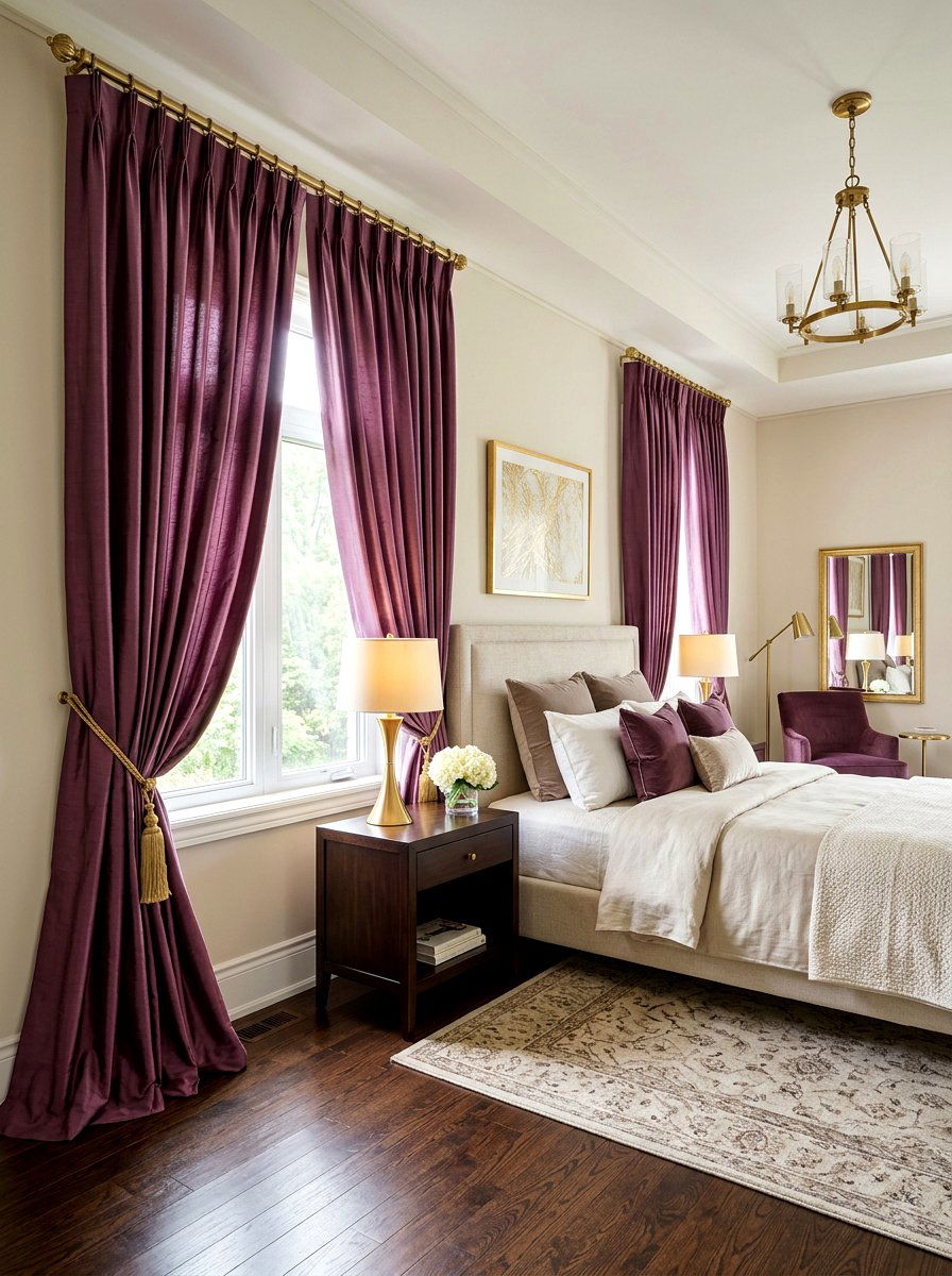 Plum Silk Curtains - 30 plum and beige bedroom ideas