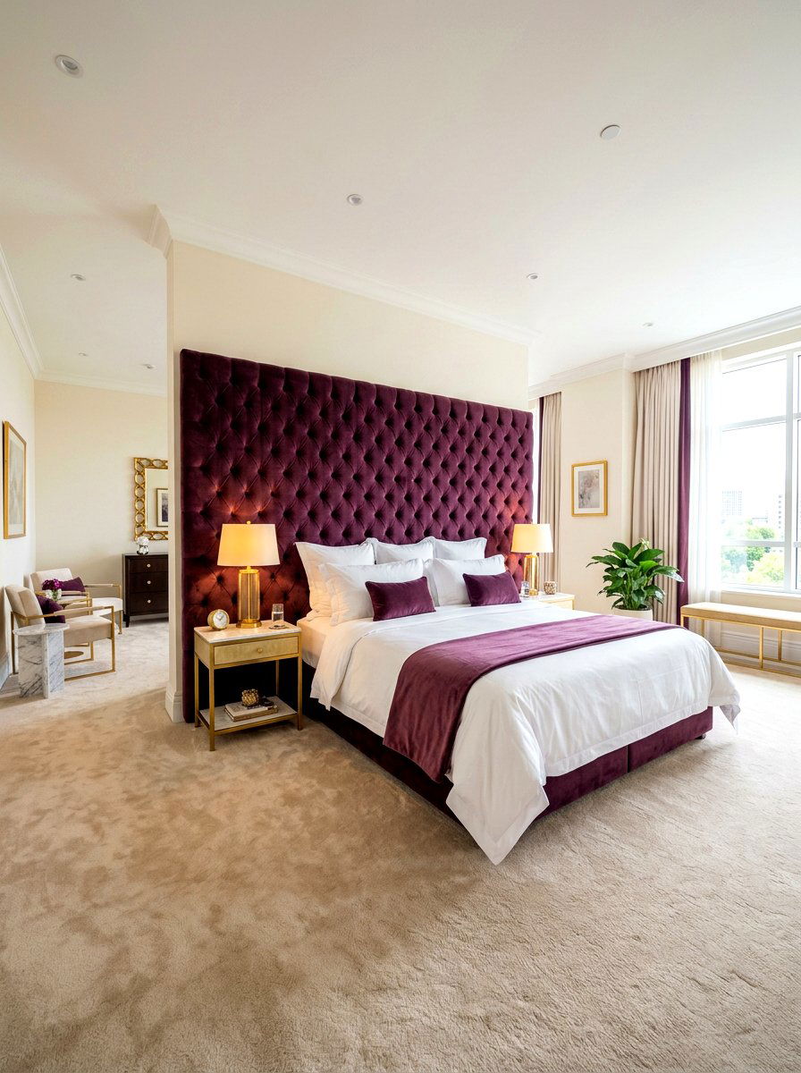 Plum Velvet Headboard - 30 plum and beige bedroom ideas