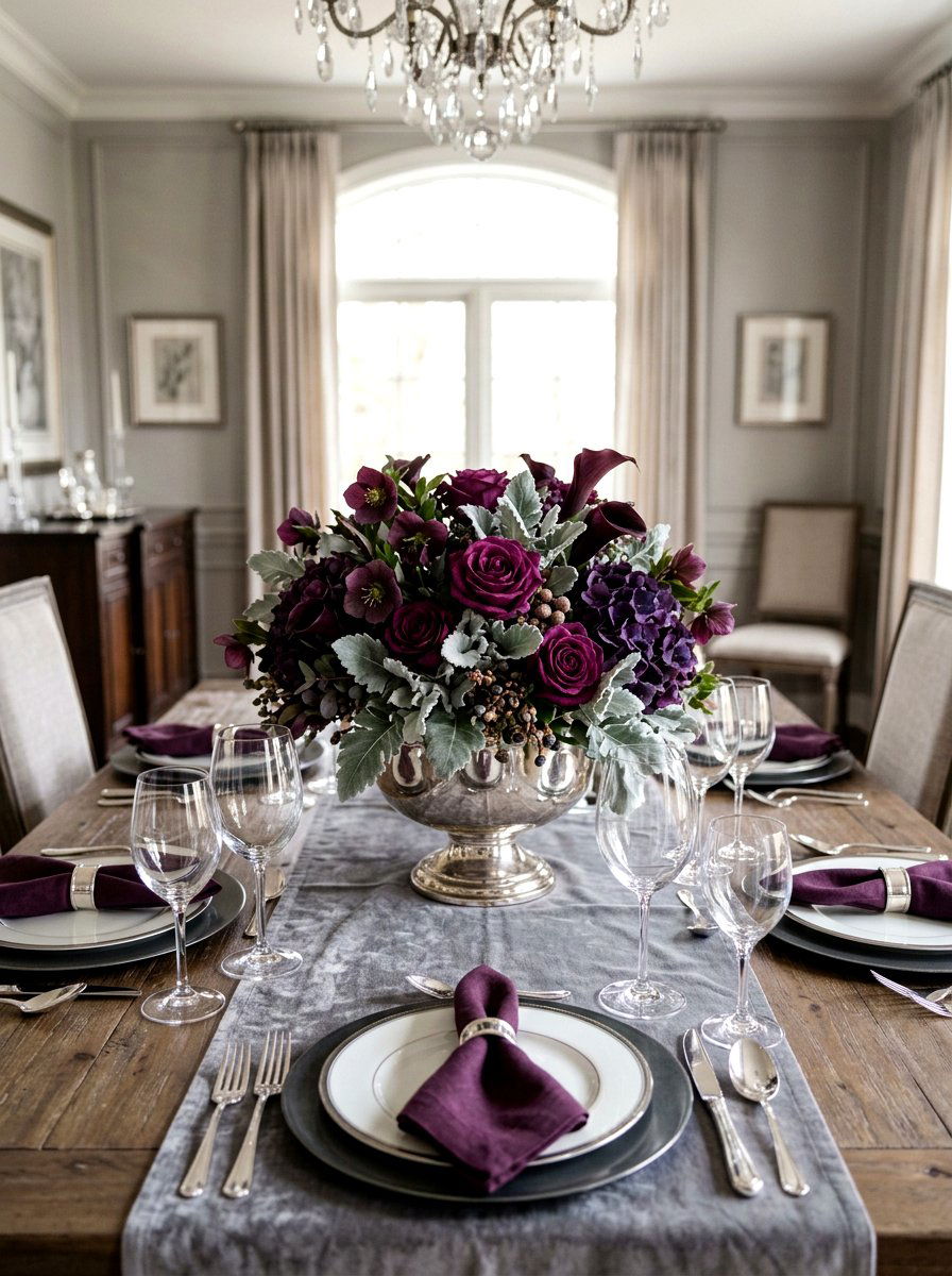 Plum and dusty miller centerpiece - 30 fruit and floral tablescape ideas