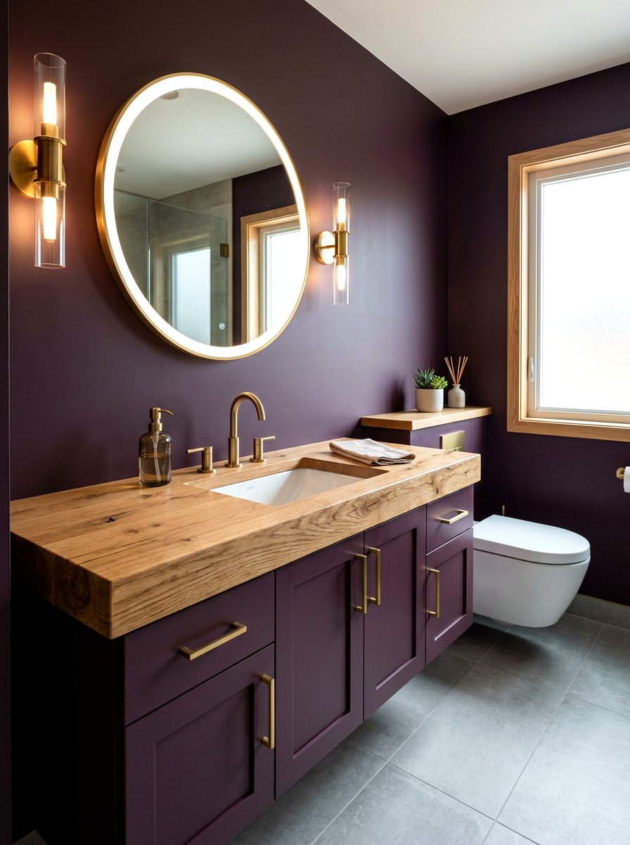 Plum and wood vanity - 30 plum powder room ideas