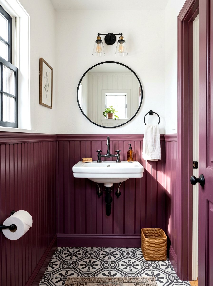 Plum beadboard walls - 30 plum powder room ideas