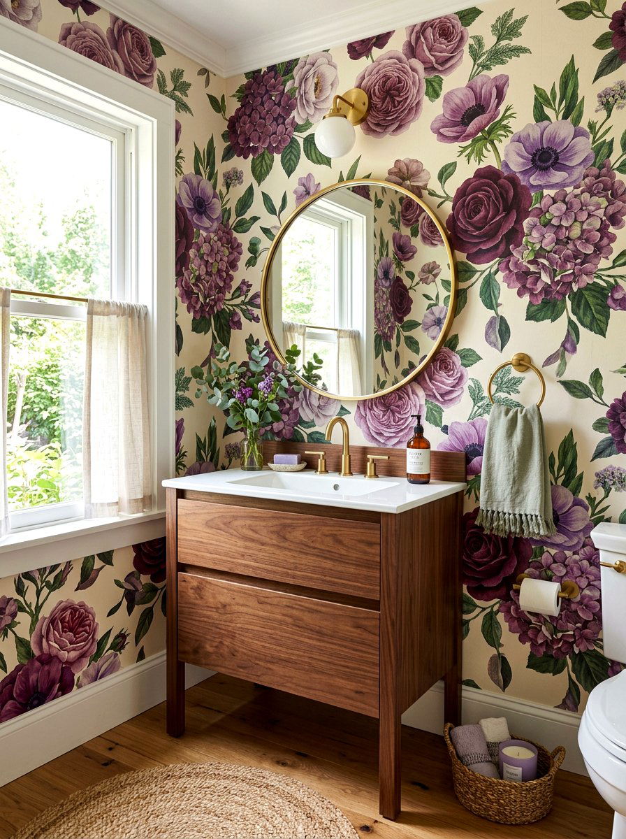 Plum floral wallpaper - 30 plum powder room ideas