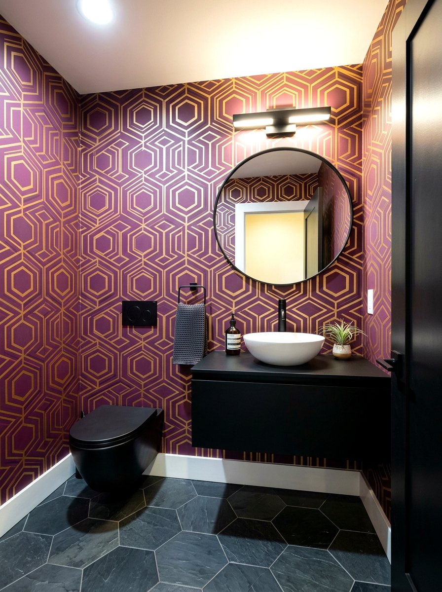Plum geometric wallpaper - 30 plum powder room ideas