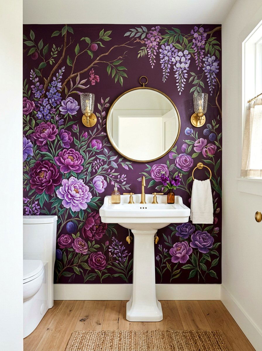 Plum mural wall - 30 plum powder room ideas