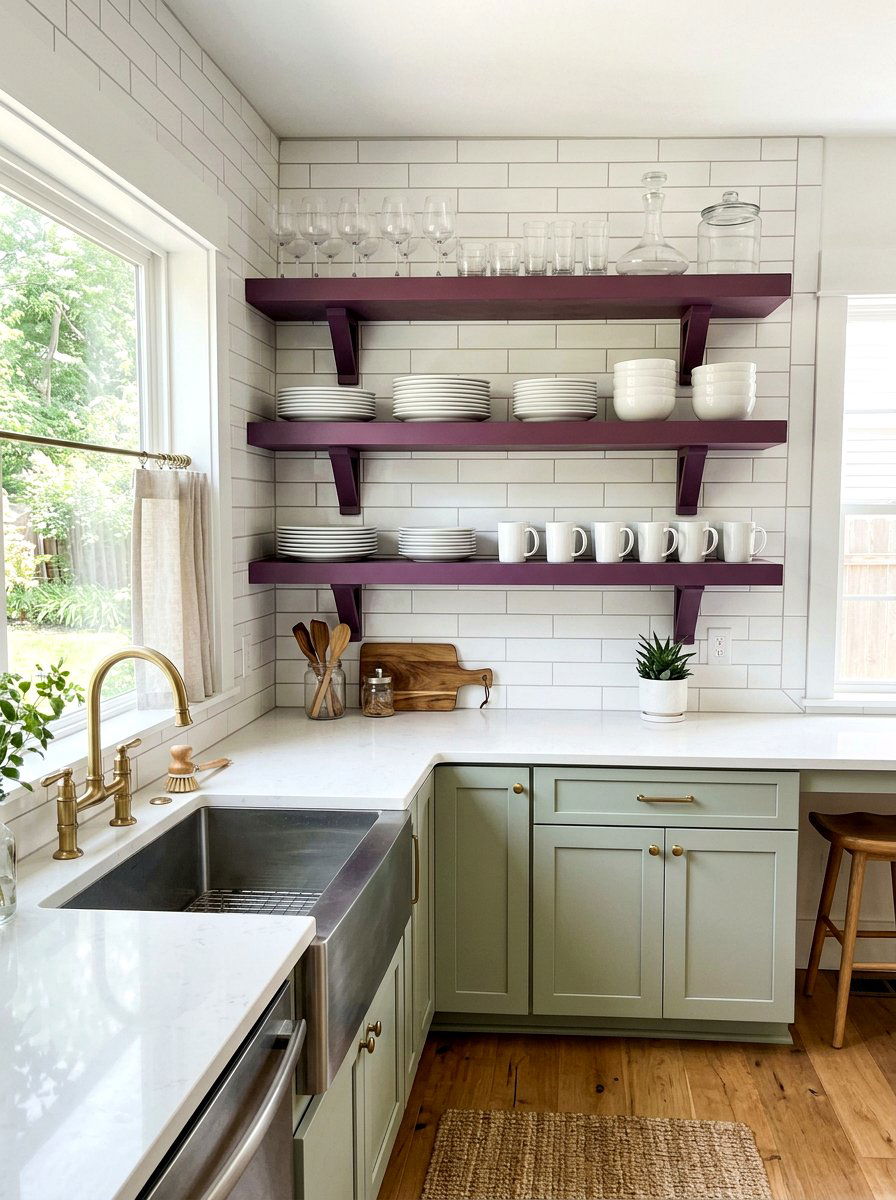 Plum open shelving - 30 plum kitchen accents ideas