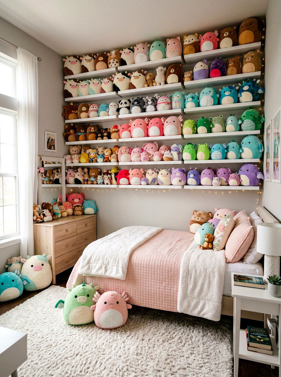 Plushie collection bedroom - 30 soft girl room ideas