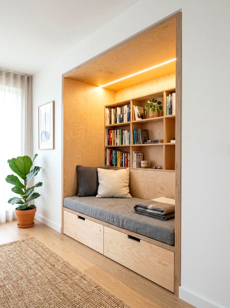 Plywood Box Reading Nook - 30 reading corner ideas