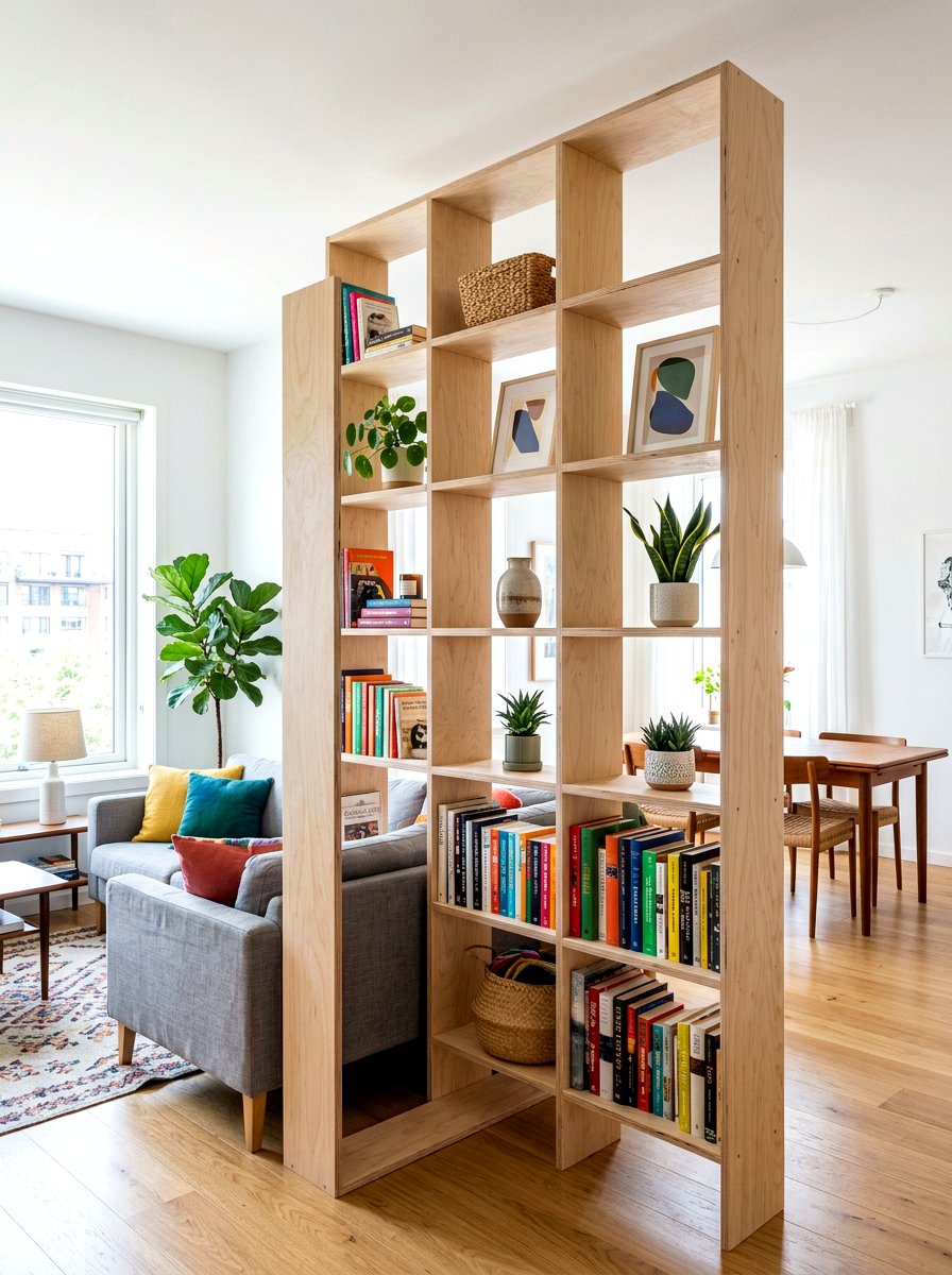 Plywood DIY Bookshelf Divider - 30 bookshelf divider apartment ideas