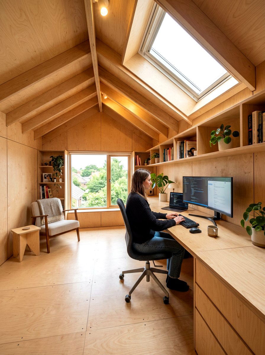 Plywood Finish Attic Office - 30 sloped ceiling office ideas