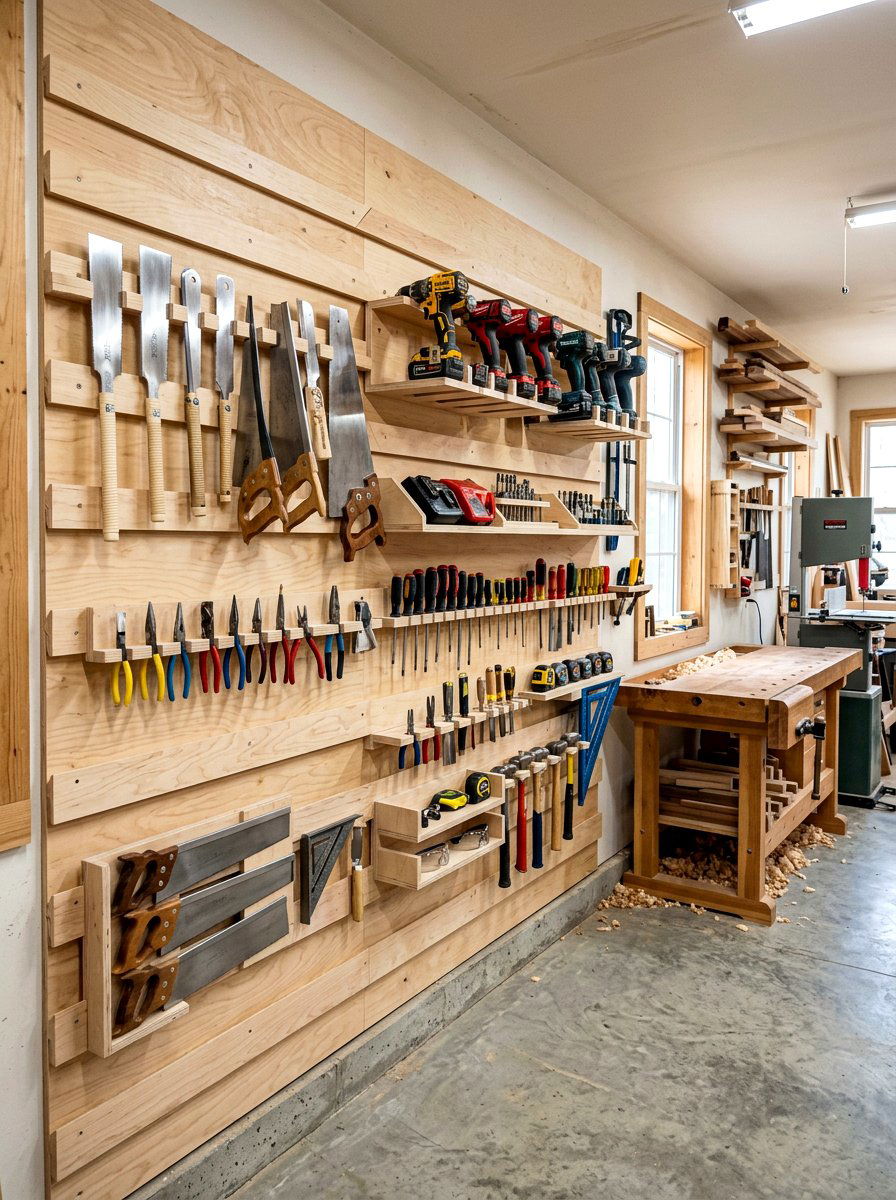 Plywood French cleat system - 30 garage wall storage ideas