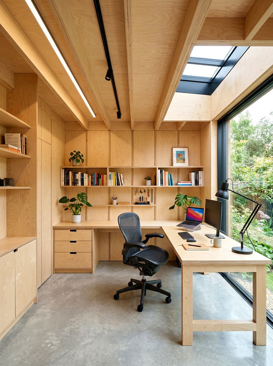 Plywood Interior Studio - 30 garden studio shed ideas