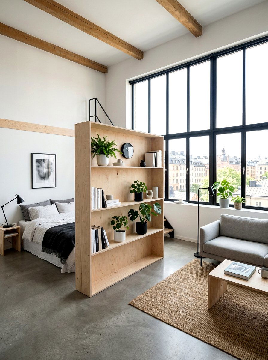 Plywood Partition Shelf - 30 studio apartment divider shelf ideas