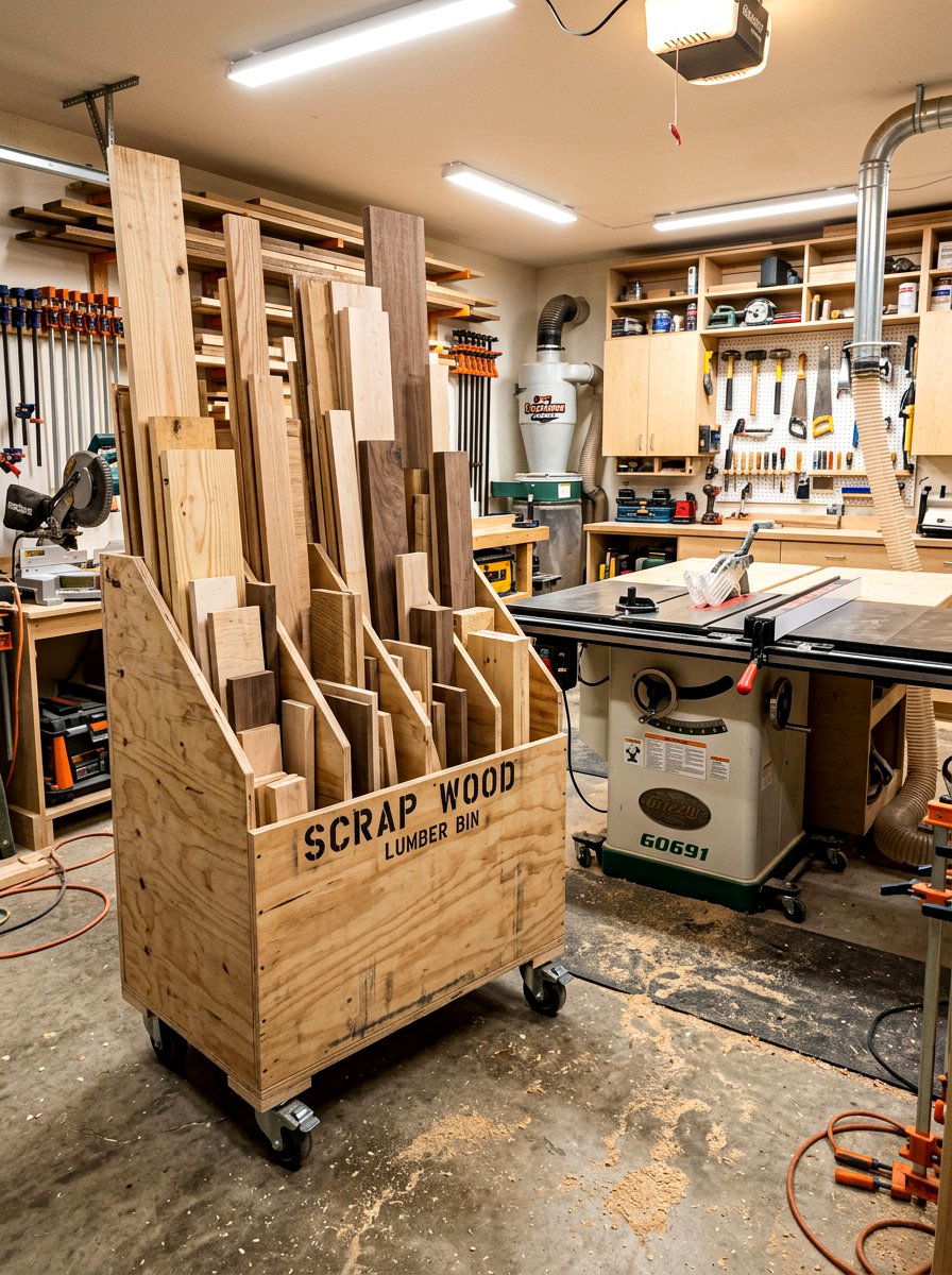 Plywood Scrap Wood Bin - 30 garage storage ideas