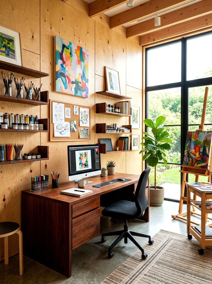 Plywood Walls with Dark Rosewood Accents Studio - 30 mixed wood tone decor ideas