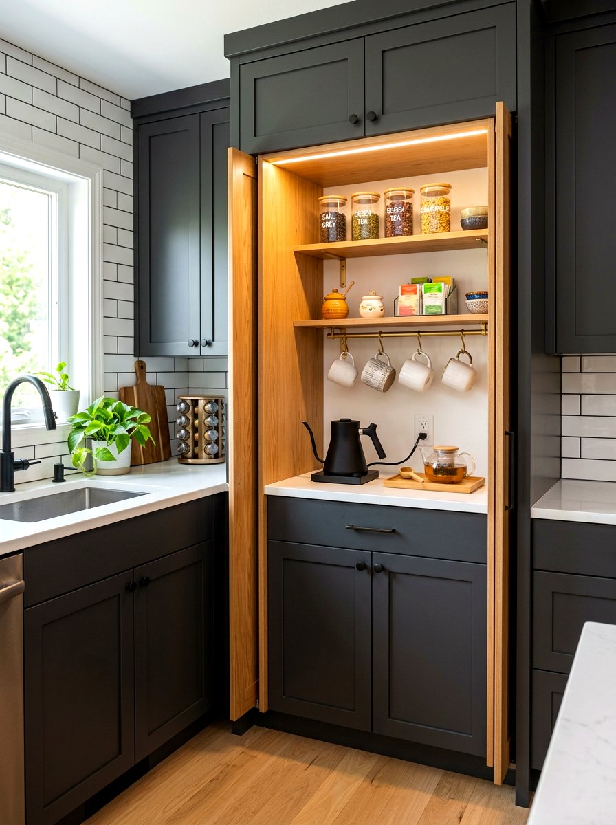 Pocket door tea station - 30 hidden tea pantry ideas