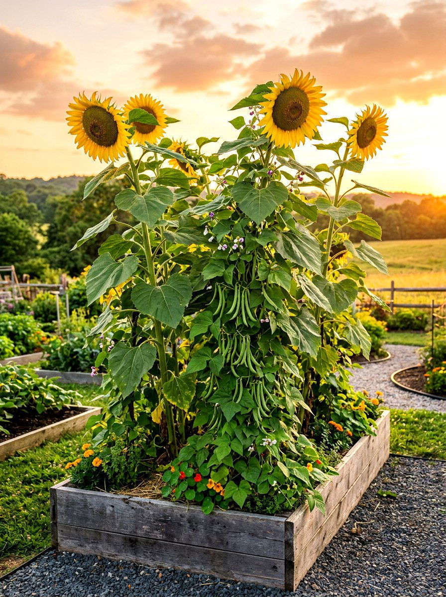 Pole Bean And Sunflower Companion Planting - 30 raised bed companion planting ideas