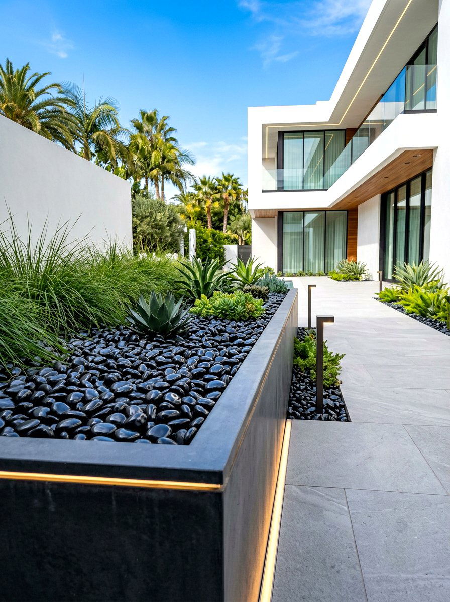 Polished Black Pebbles - 30 rock mulch front yard ideas