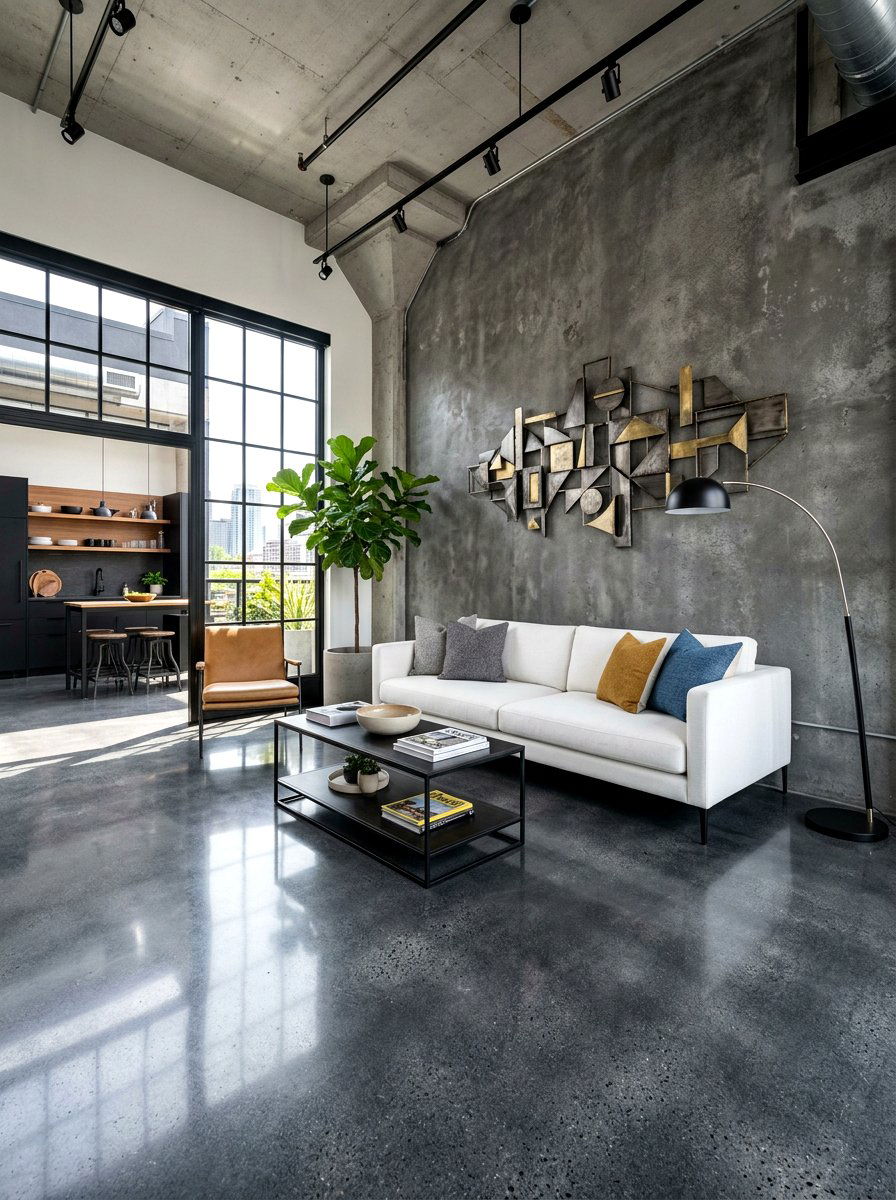 Polished Concrete Floor - 30 moody hotel lobby living room ideas