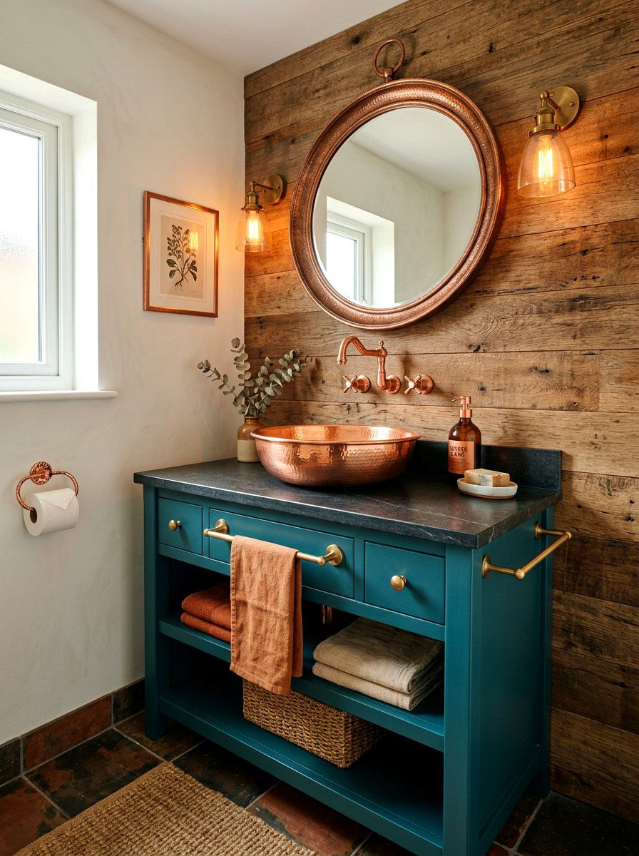 Polished Copper Sink - 30 deep teal powder room ideas