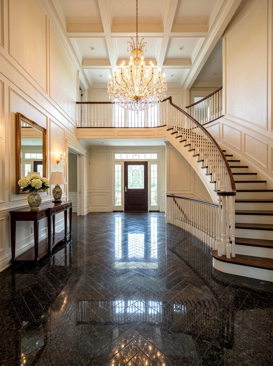 Polished Granite Herringbone Foyer - 30 herringbone floor ideas