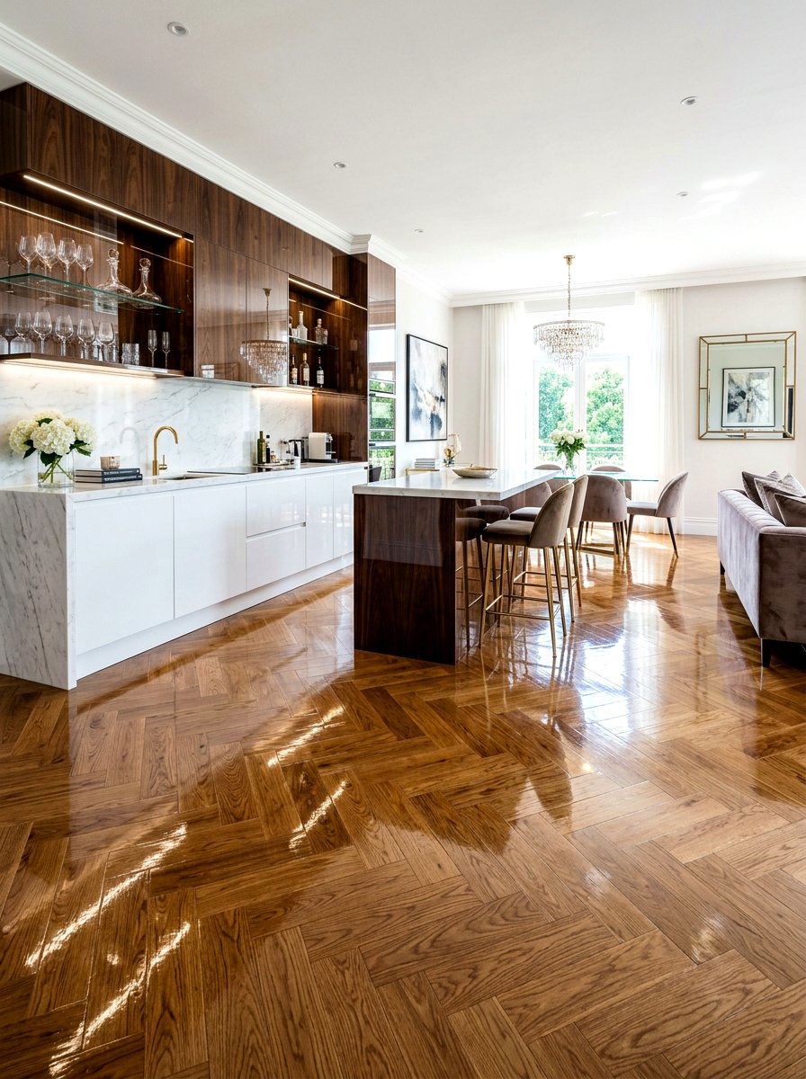 Polished High Gloss Parquet - 30 parquet kitchen floor ideas