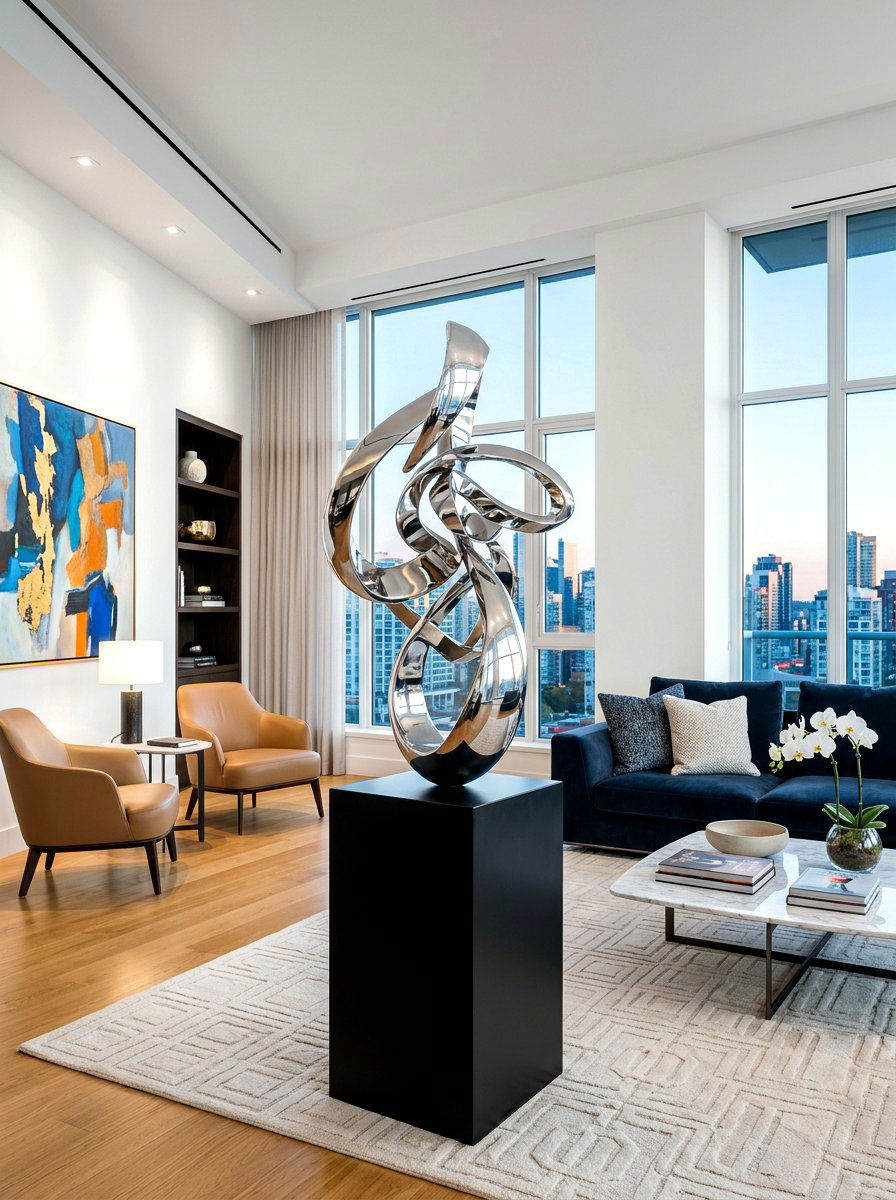 Polished Steel Sculpture - 30 chrome aesthetic living room ideas