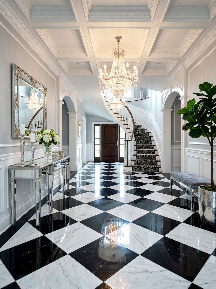 Polished black and white foyer - 30 checkerboard foyer floor ideas