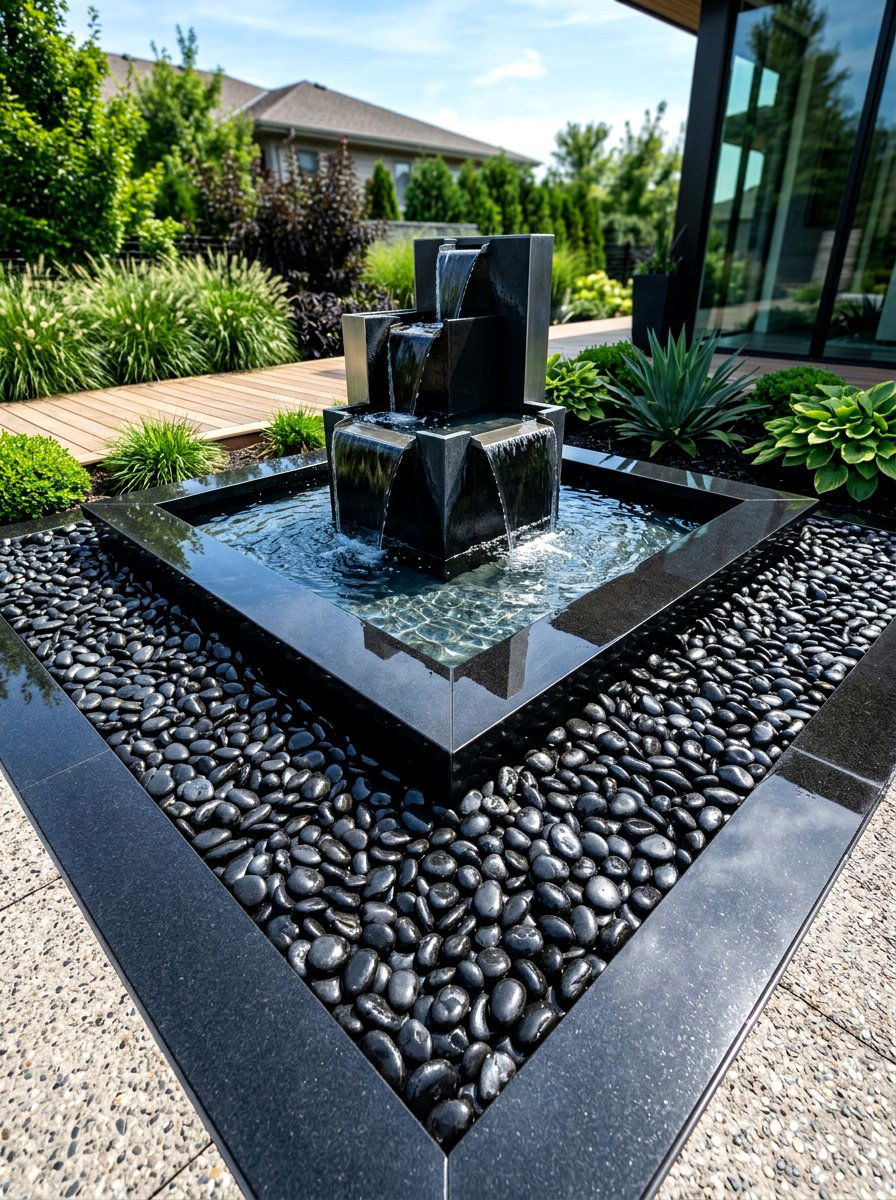 Polished black stone border - 30 stone mulch border ideas